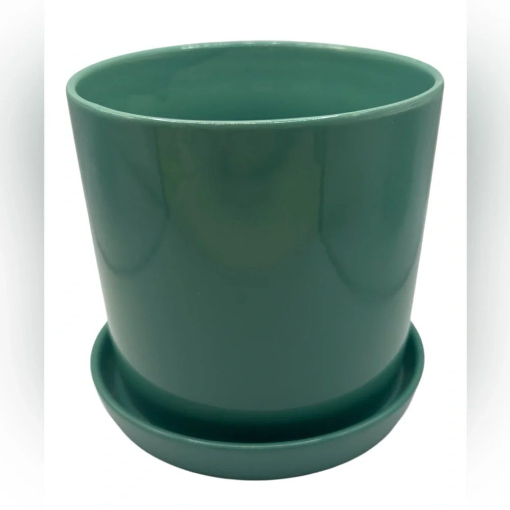 Turquoise Aqua Green Planter Pot with Saucer Porcelain Glossy 5” y2K Modern